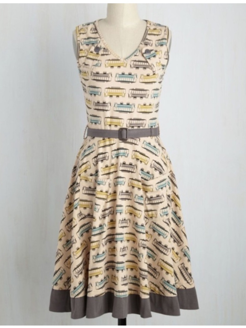 Effies Heart Modcloth Sophia Dress Trolley Train Novelty Print Dress Pockets S/M